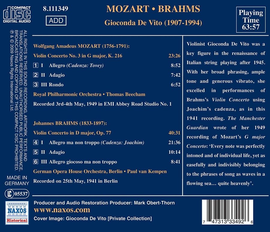 Great Violinists - De Vito: MOZART: Violin Concerto No. 3, BRAHMS: Violin Concerto - slide-1