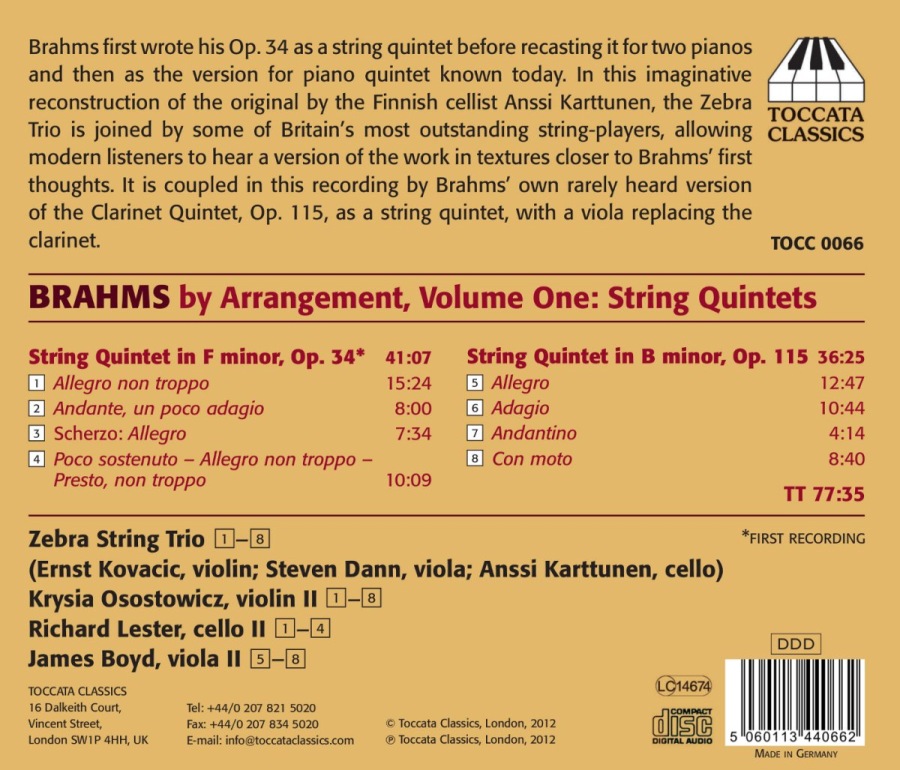 Brahms by Arrangement Vol. 1 - String Quintet Op. 34, String Quintet Op. 115 - slide-1