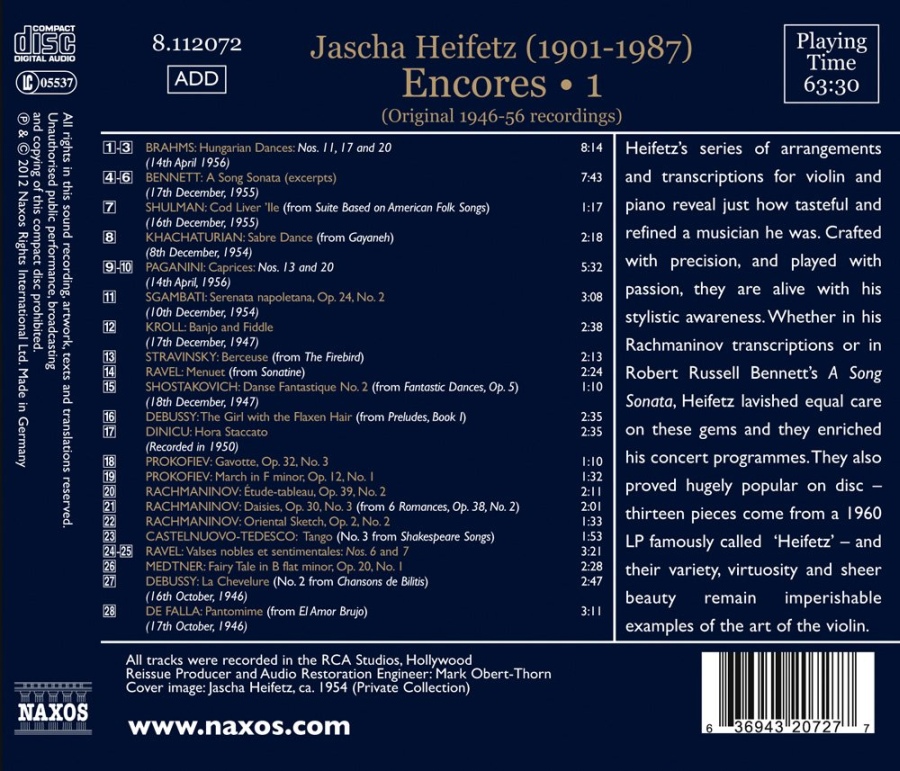 Heifetz Encores Vol. 1, Brahms, Khachaturian, Debussy, Dinicu - slide-1
