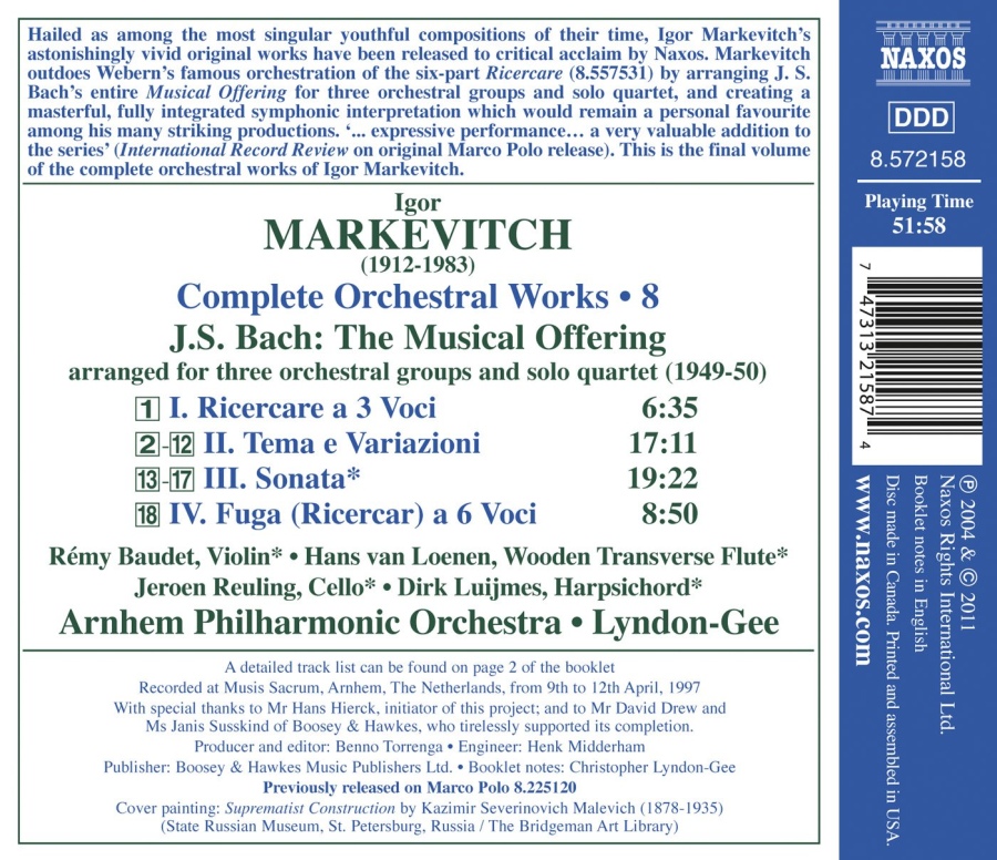 Markevitch: Orchestral Works Vol. 8 - Bach: The Musical Offering, arranged for three orchestral groups and solo quartet - slide-1